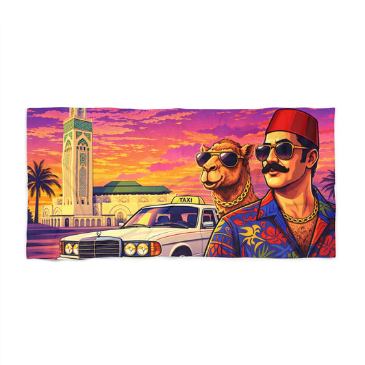 Moroccan Sunset Beach Towel — Retro Camel & Taxi Sunset Design