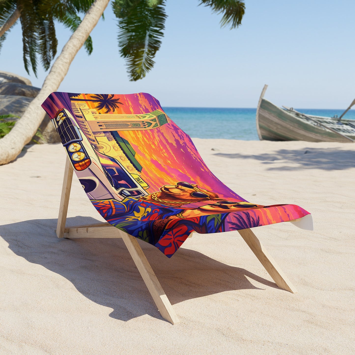 Moroccan Sunset Beach Towel — Retro Camel & Taxi Sunset Design